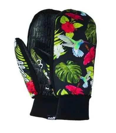 Black mitten with colorful tropical floral and hummingbird print, winter glove accessory