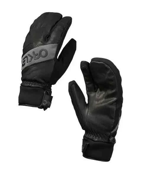 Black insulated winter mittens with gray accent, adjustable wrist strap, and outdoor design.