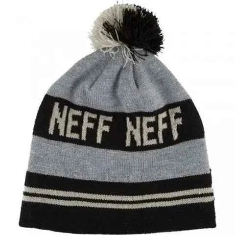 Gray and black knit beanie with NEFF text and a pom-pom, winter hat accessory