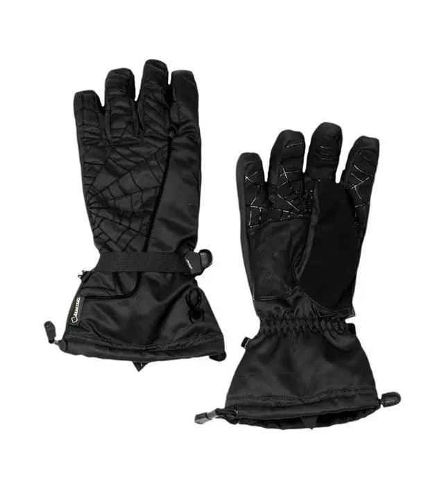 Black insulated winter gloves with adjustable wrist straps and reinforced palms