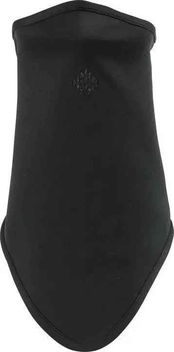 Black neck gaiter with subtle stitching, plain fabric, and curved hem, isolated on white