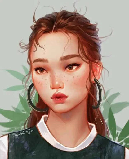 Digital art portrait of a young woman with wavy hair, freckles, and large hoop earrings