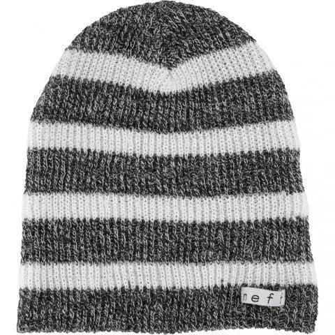 Gray and white striped knit beanie hat with label patch, winter fashion accessory