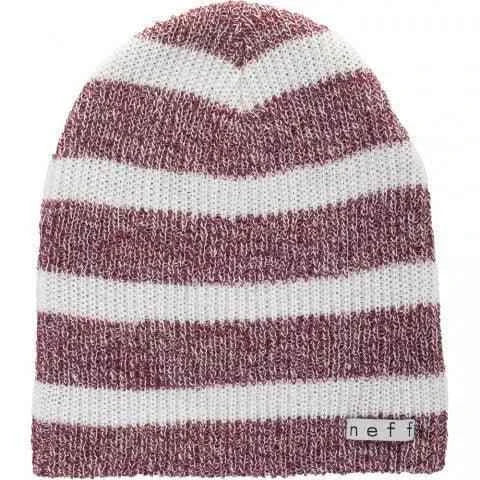 Burgundy and white striped knit beanie with neff logo tag on the front