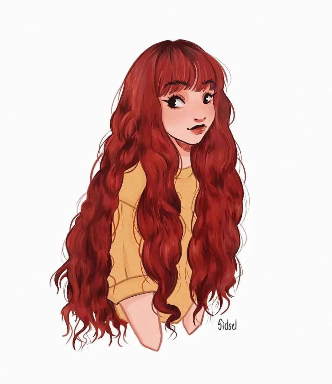 Digital illustration of a girl with long wavy red hair and bangs, wearing a yellow top