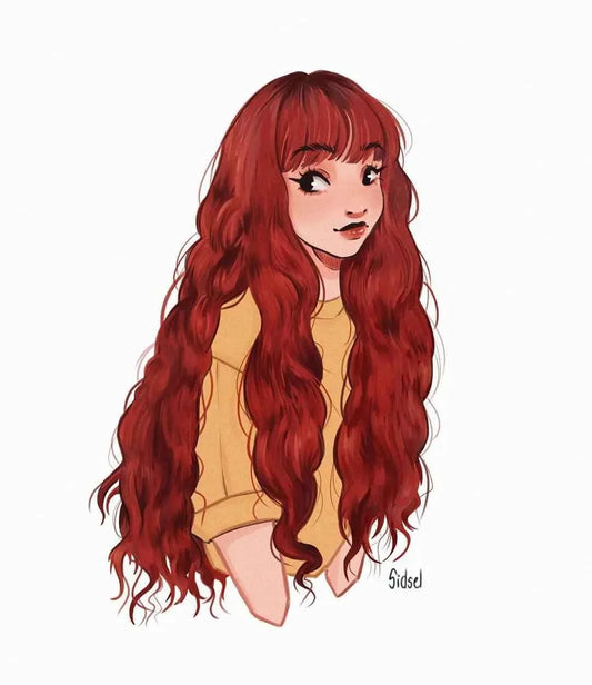 Digital illustration of a girl with long wavy red hair and bangs, wearing a yellow top