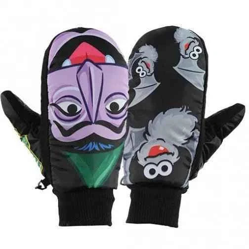 Children’s winter mittens with colorful cartoon monster and bat designs on black fabric