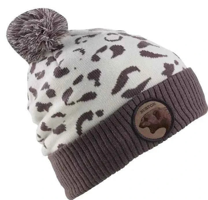White and brown leopard print knit beanie with pom pom and ribbed cuff