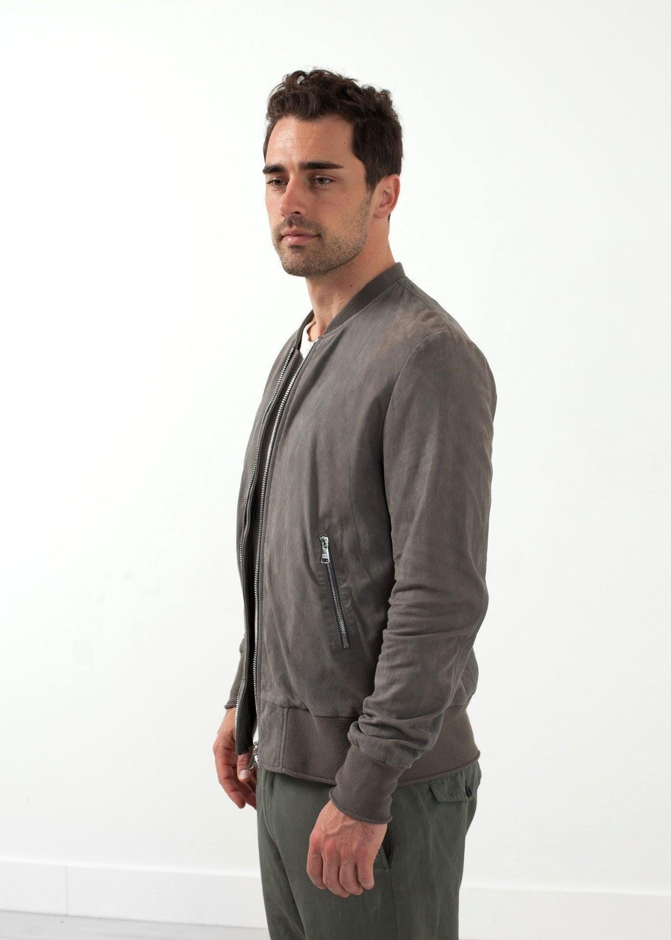 Leather Bomber Jacket in Dust.