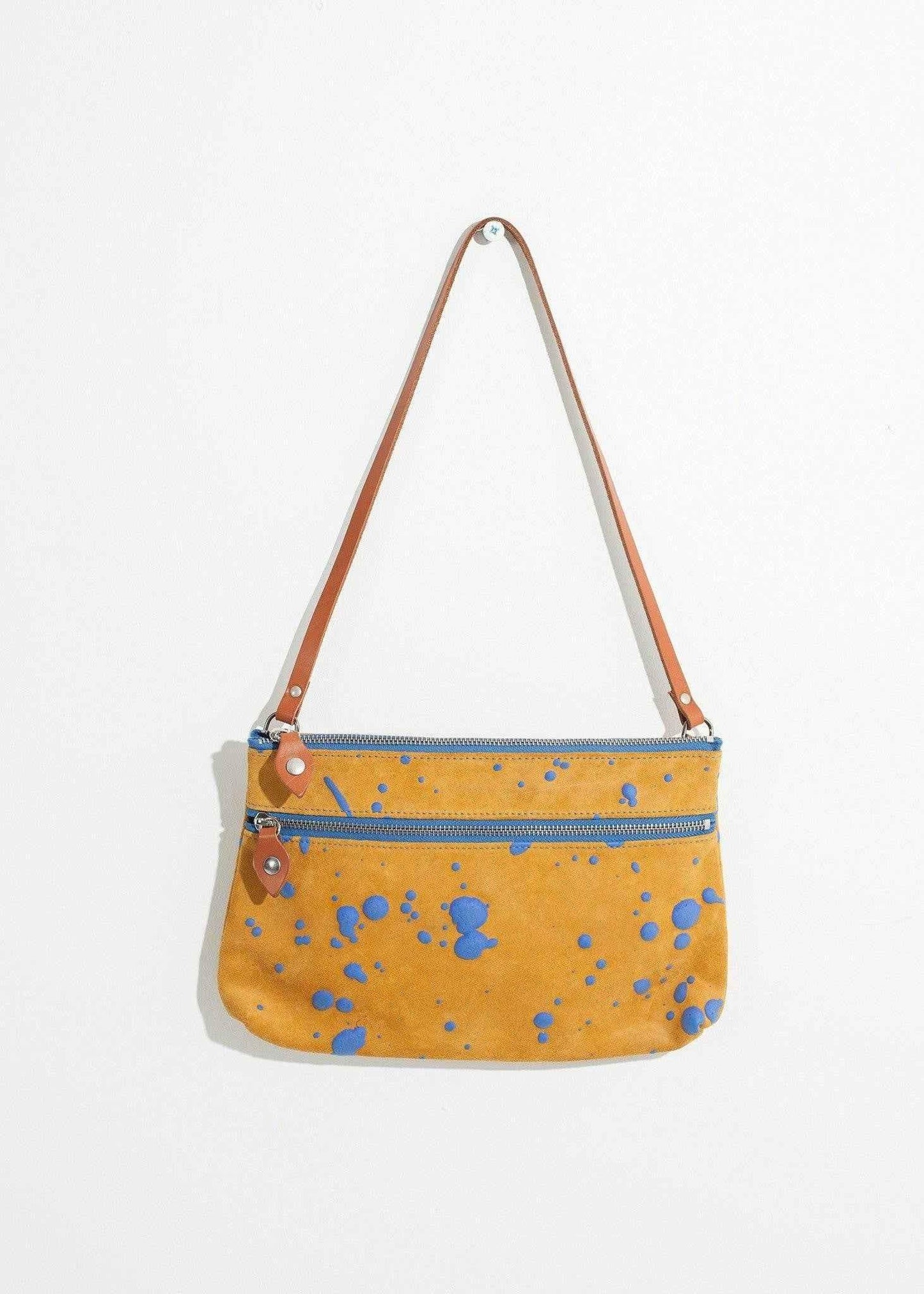 Ink Splatter Shoulder Bag in Mustard/Blue.