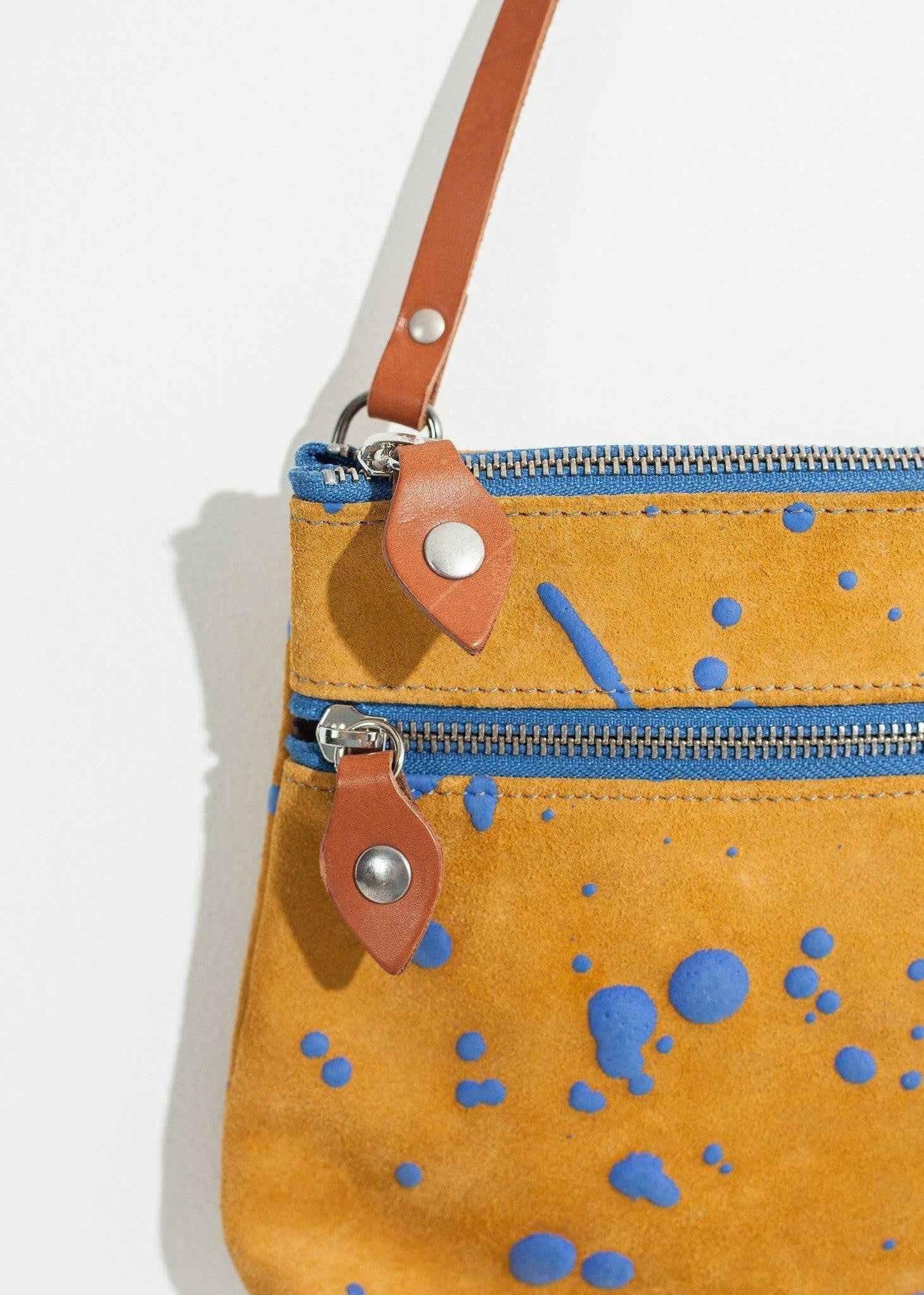 Ink Splatter Shoulder Bag in Mustard/Blue.