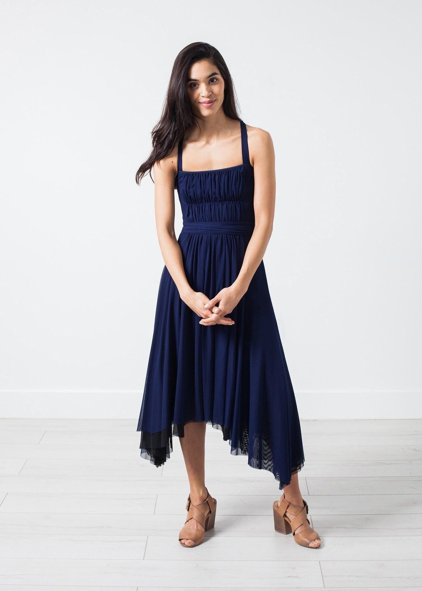 Ruched Party Dress in Navy.