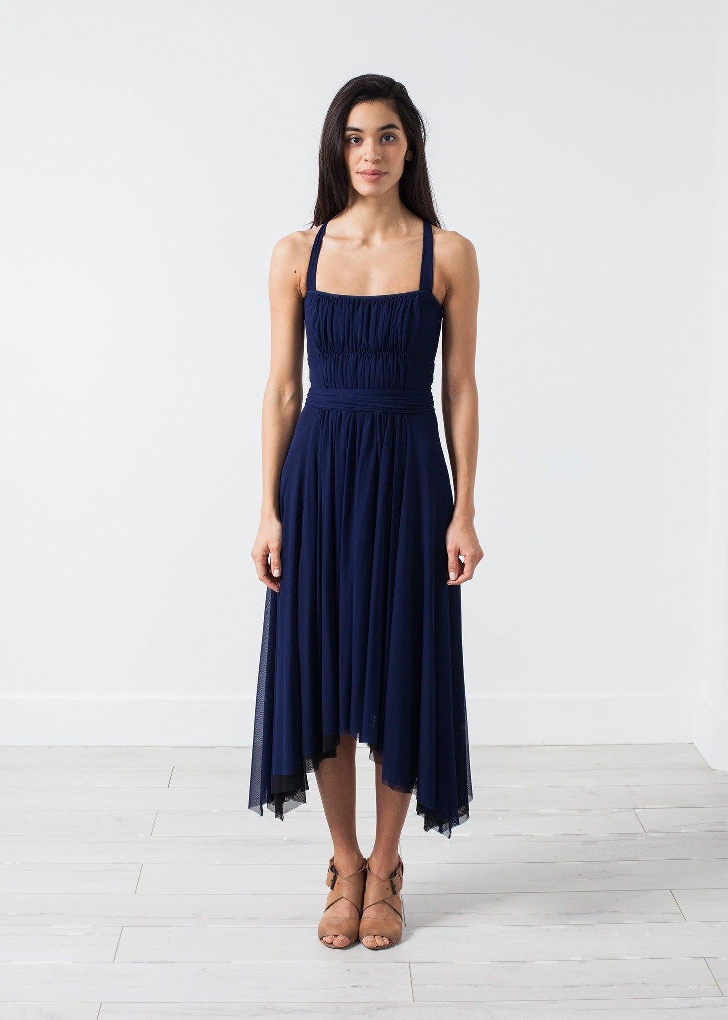 Ruched Party Dress in Navy.