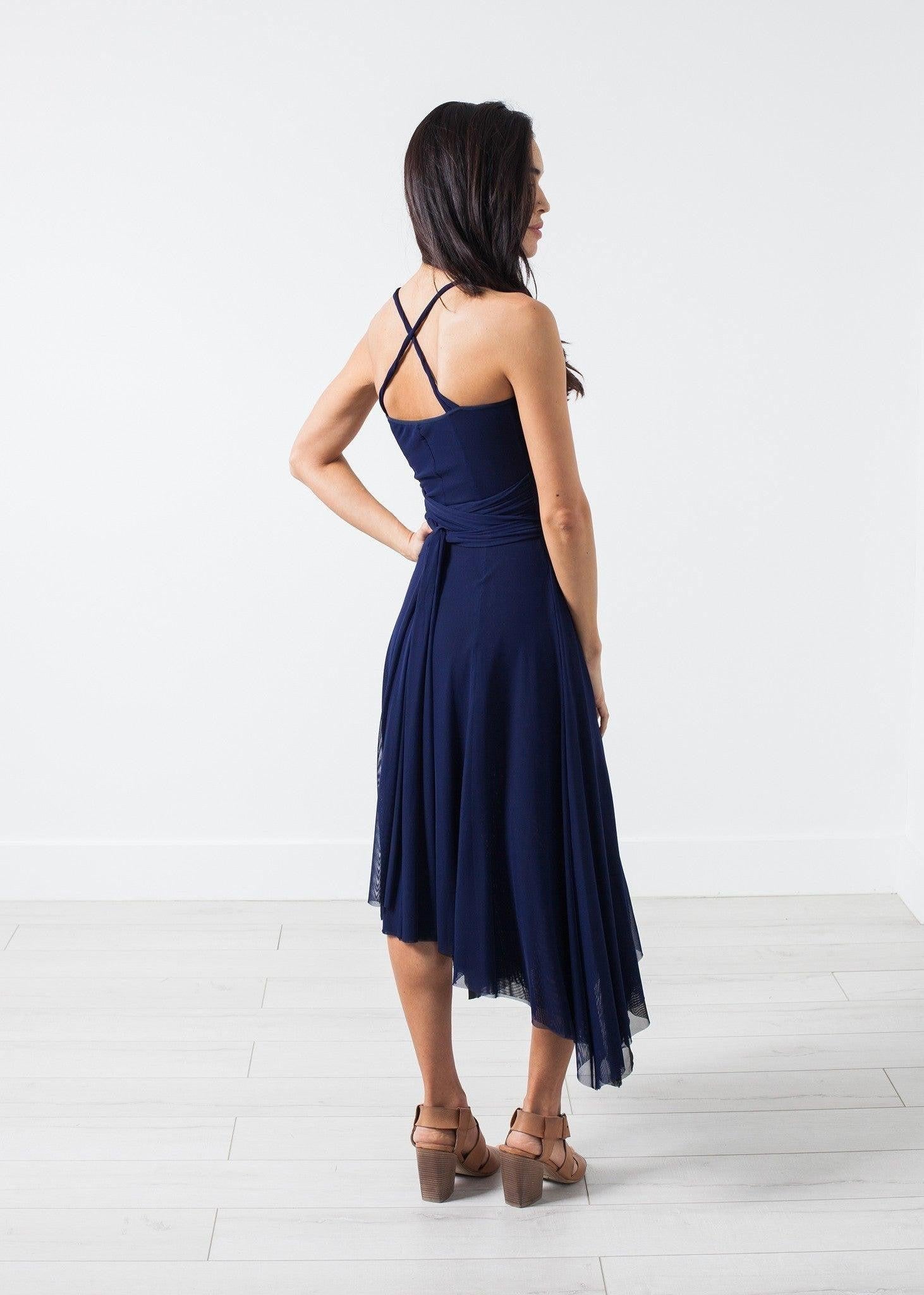 Ruched Party Dress in Navy.