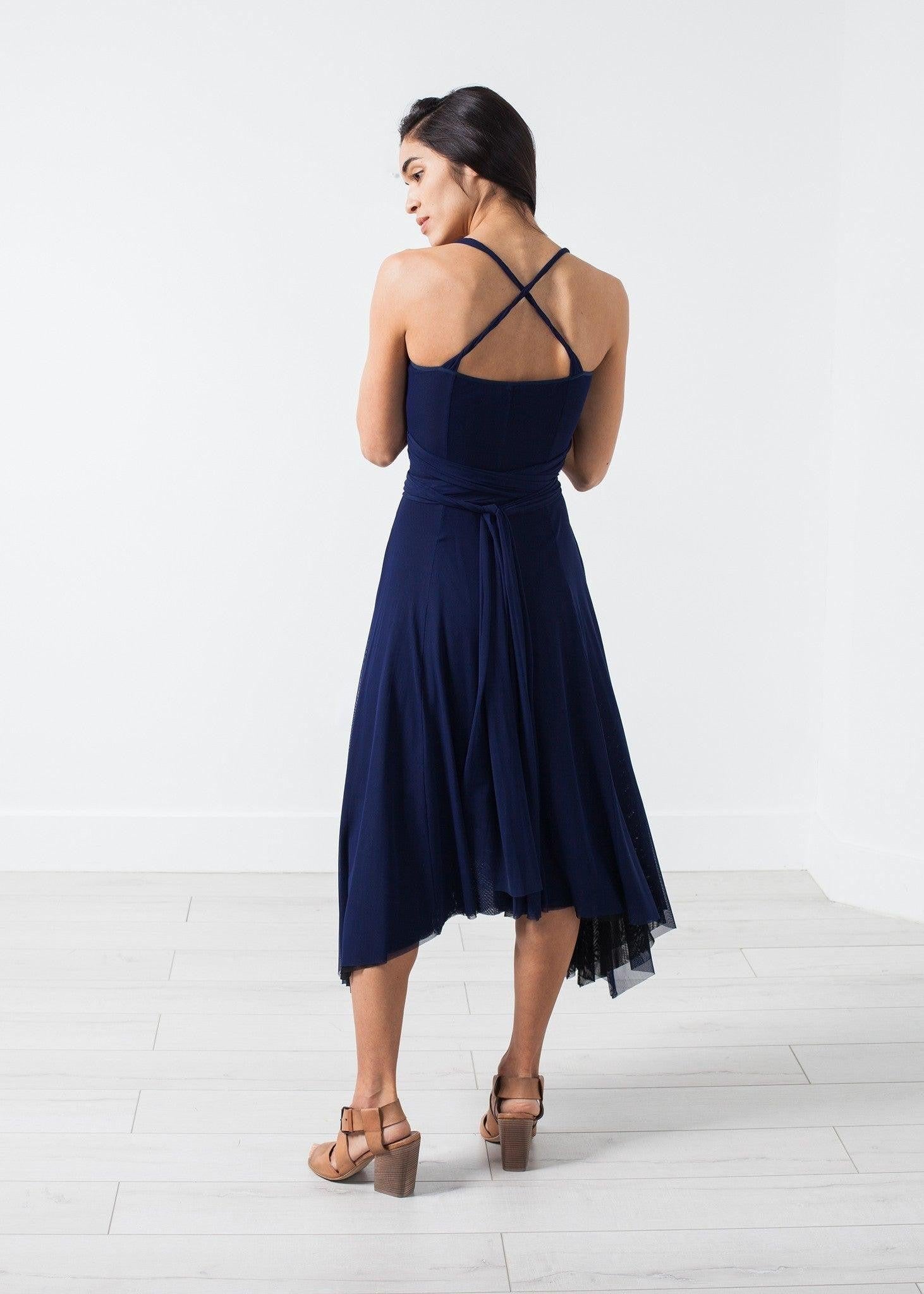 Ruched Party Dress in Navy.