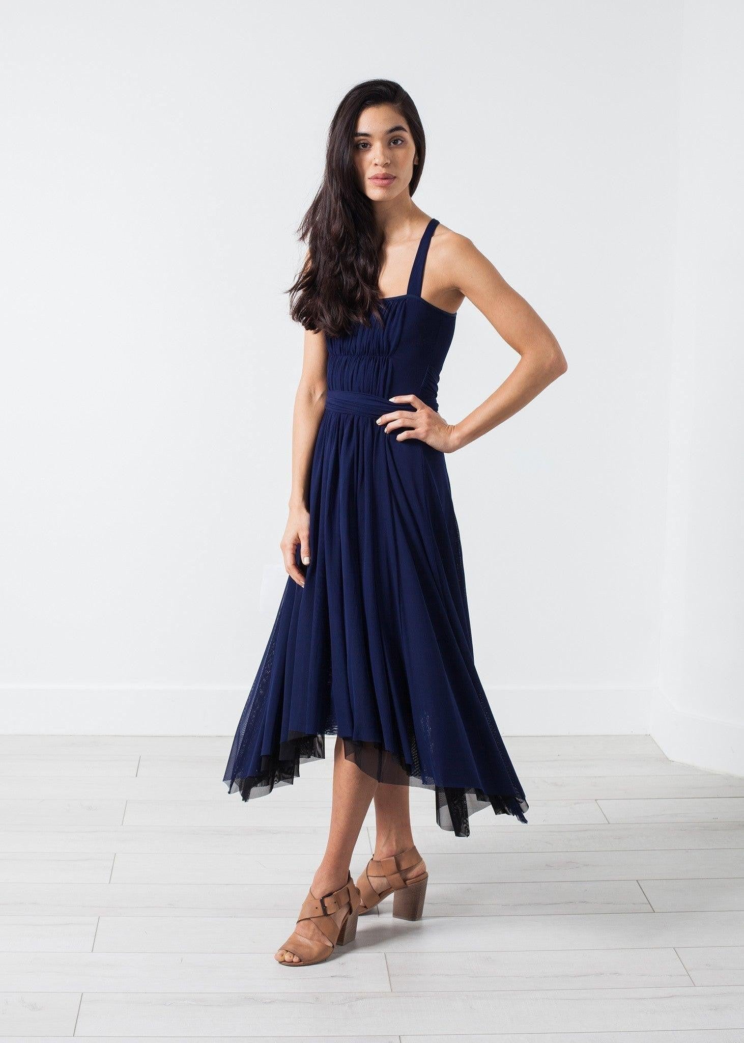 Ruched Party Dress in Navy.