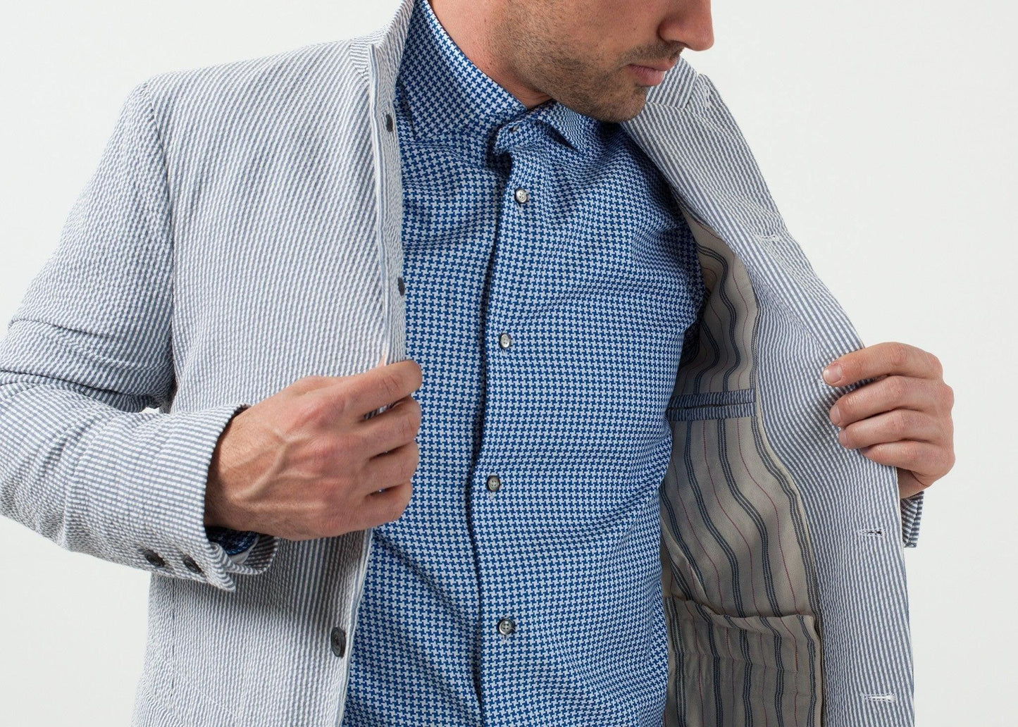 Seersucker Five Button Blazer.