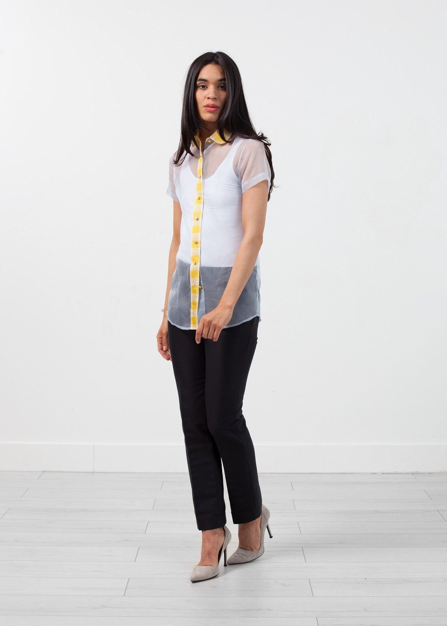 Sheer Button-Up Blouse in Pale Blue.