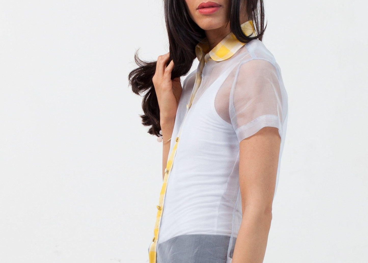 Sheer Button-Up Blouse in Pale Blue.