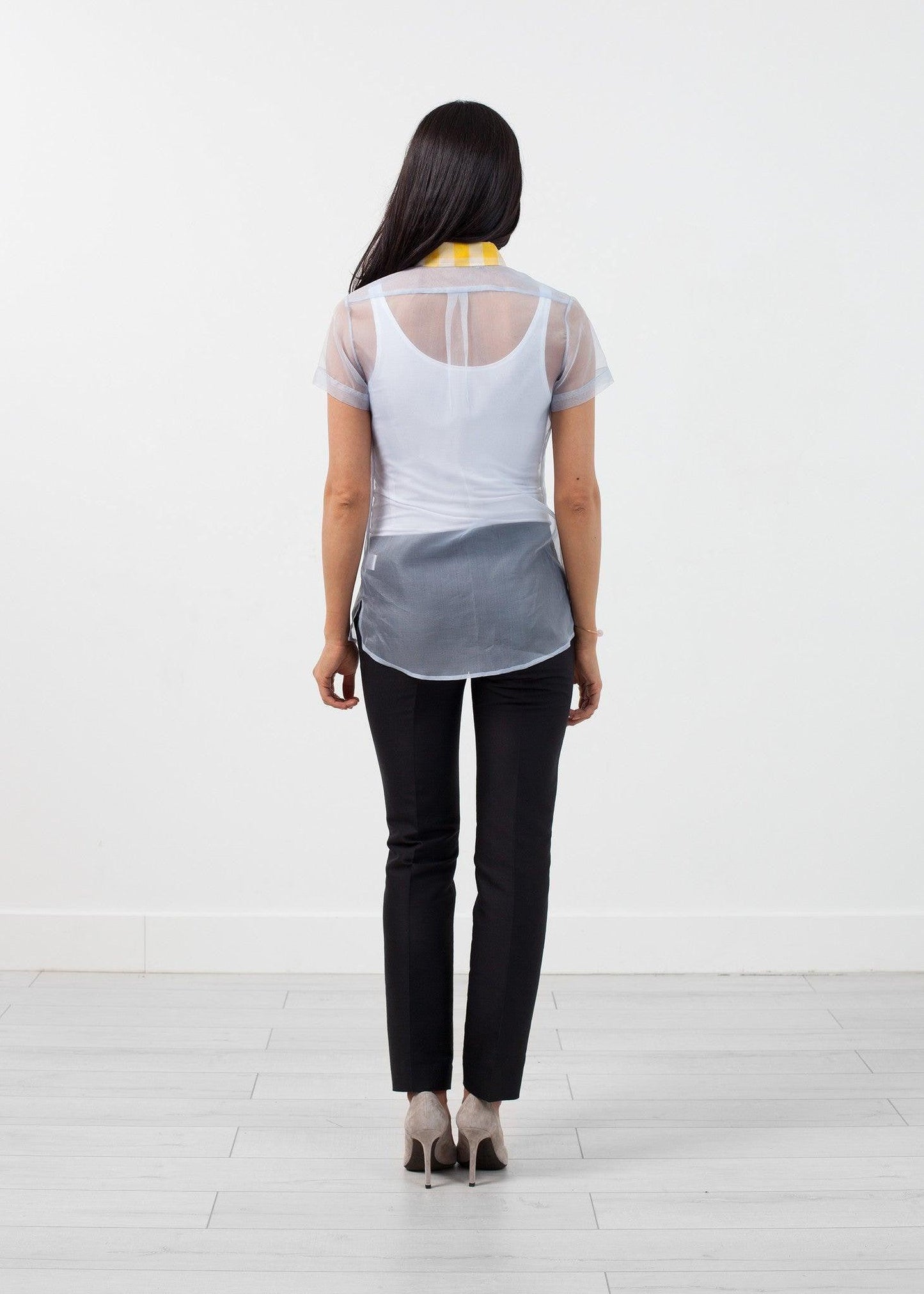 Sheer Button-Up Blouse in Pale Blue.