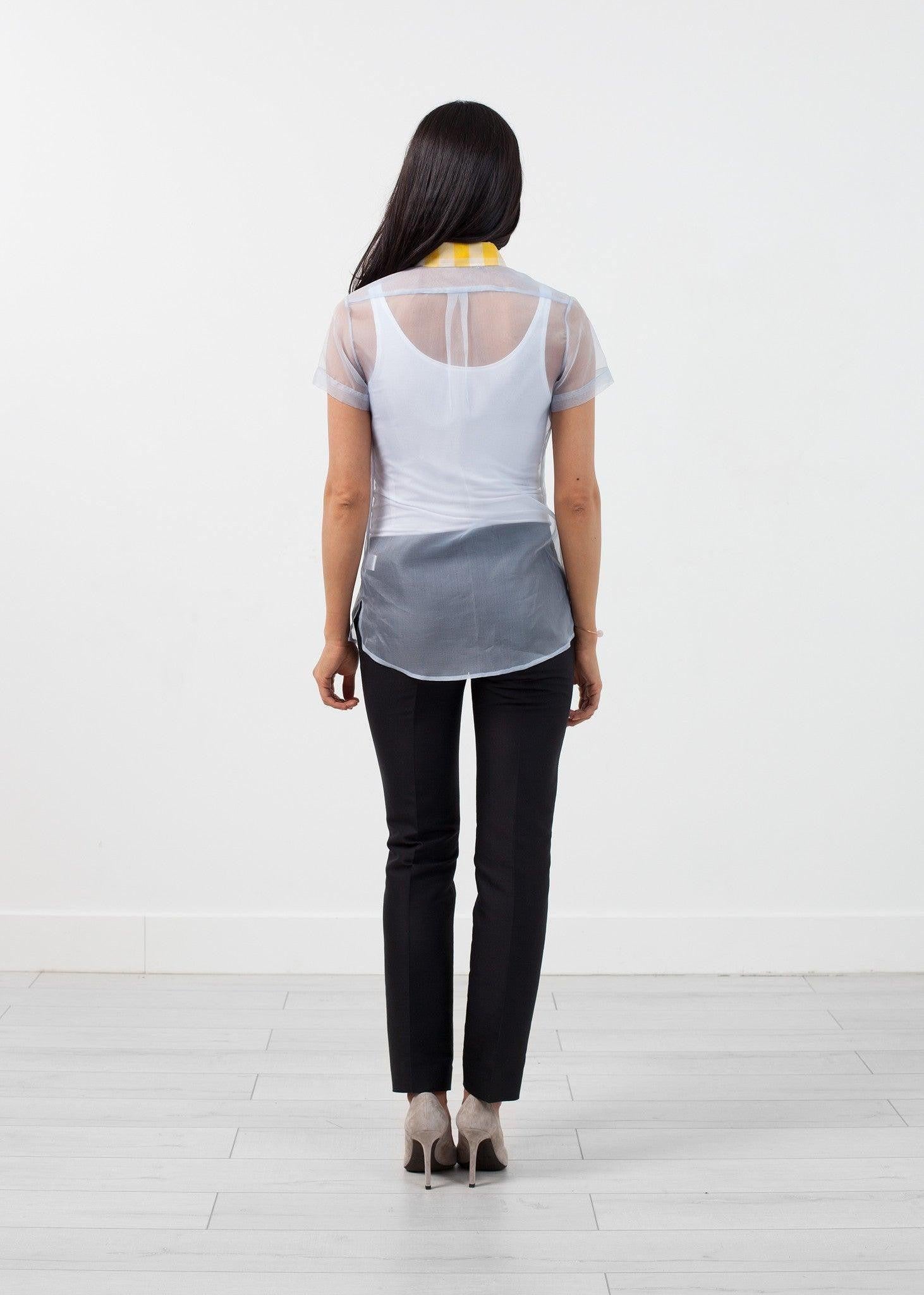 Sheer Button-Up Blouse in Pale Blue.