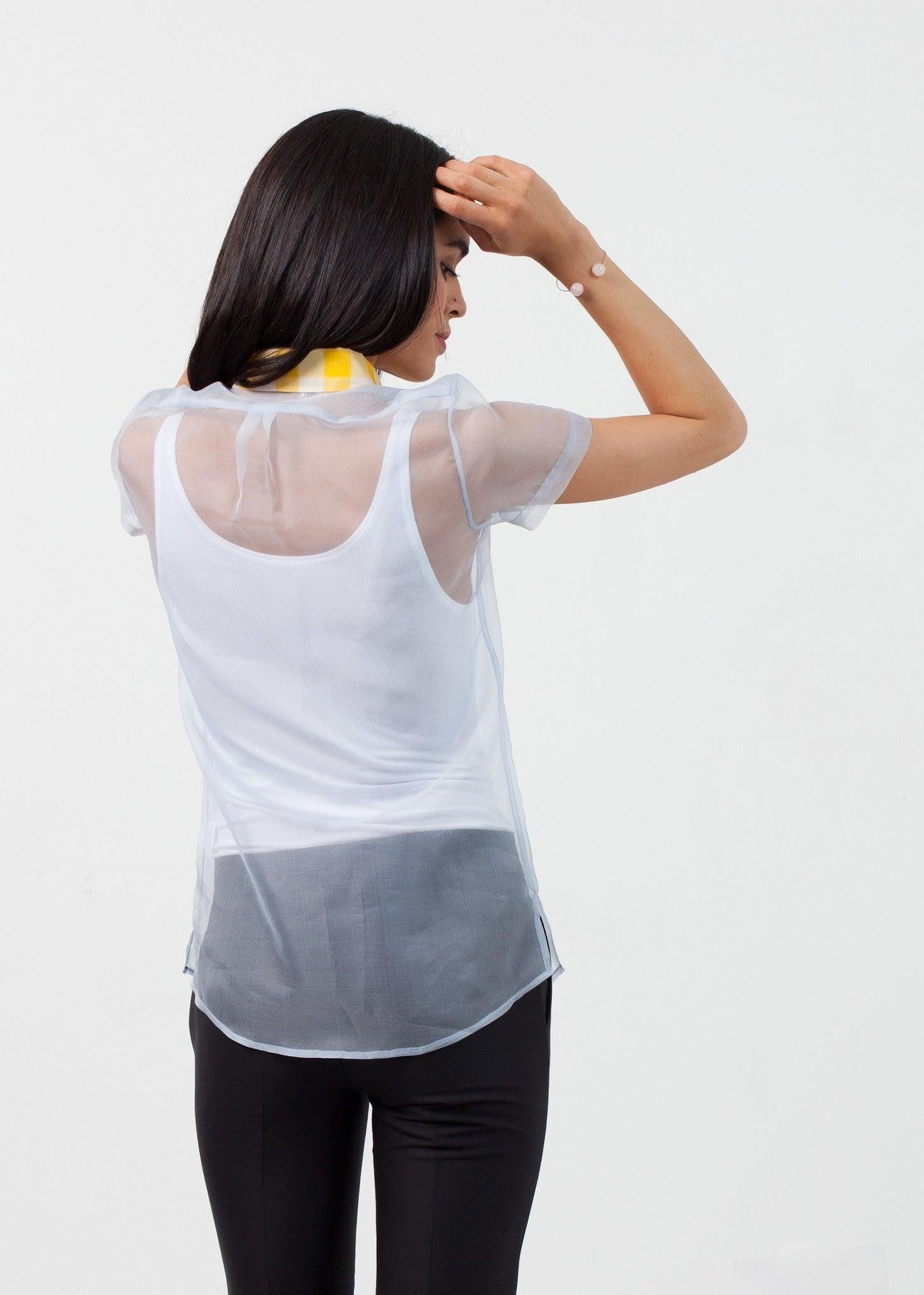 Sheer Button-Up Blouse in Pale Blue.