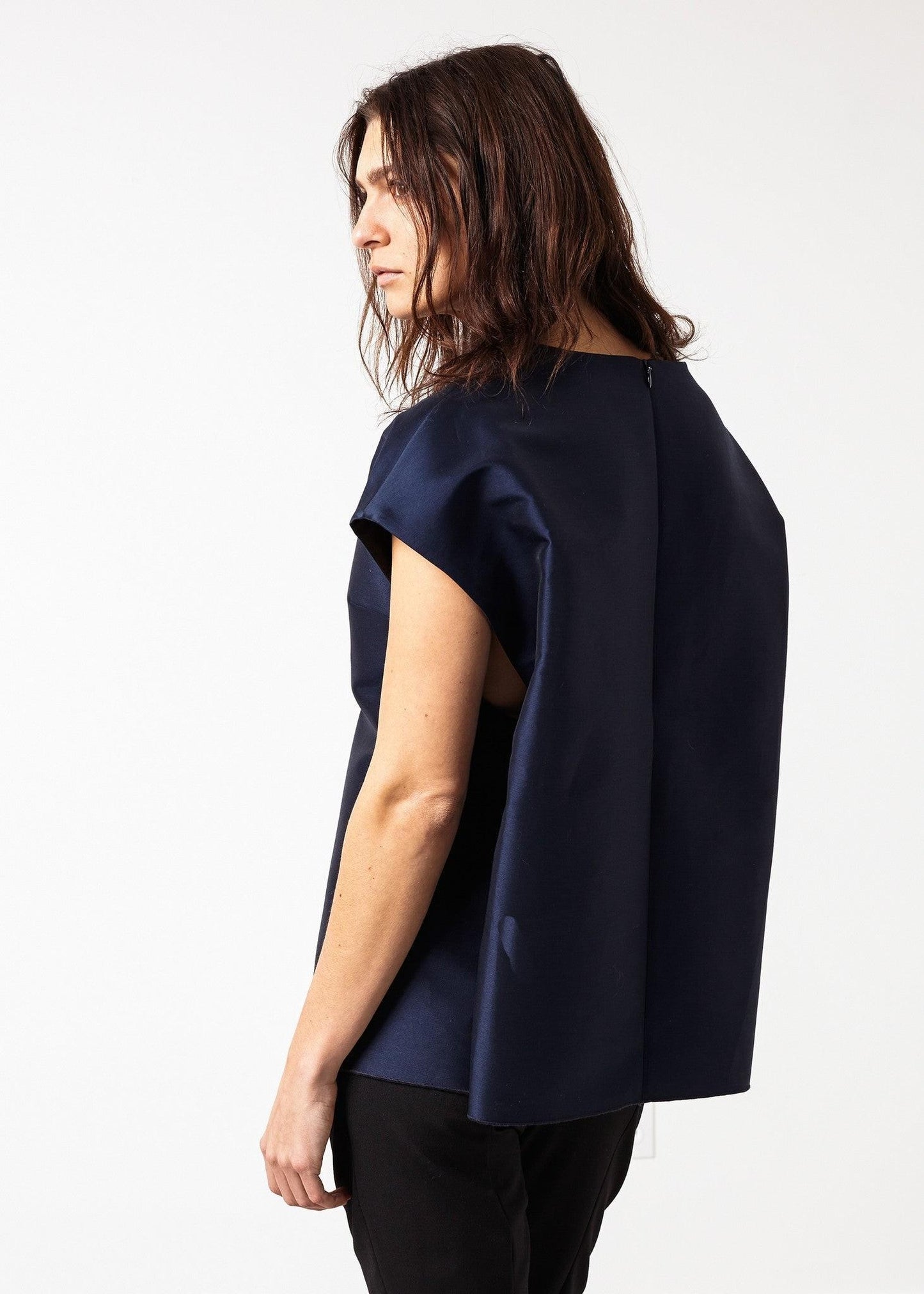 Tucked Sleeve Blouse in Navy.