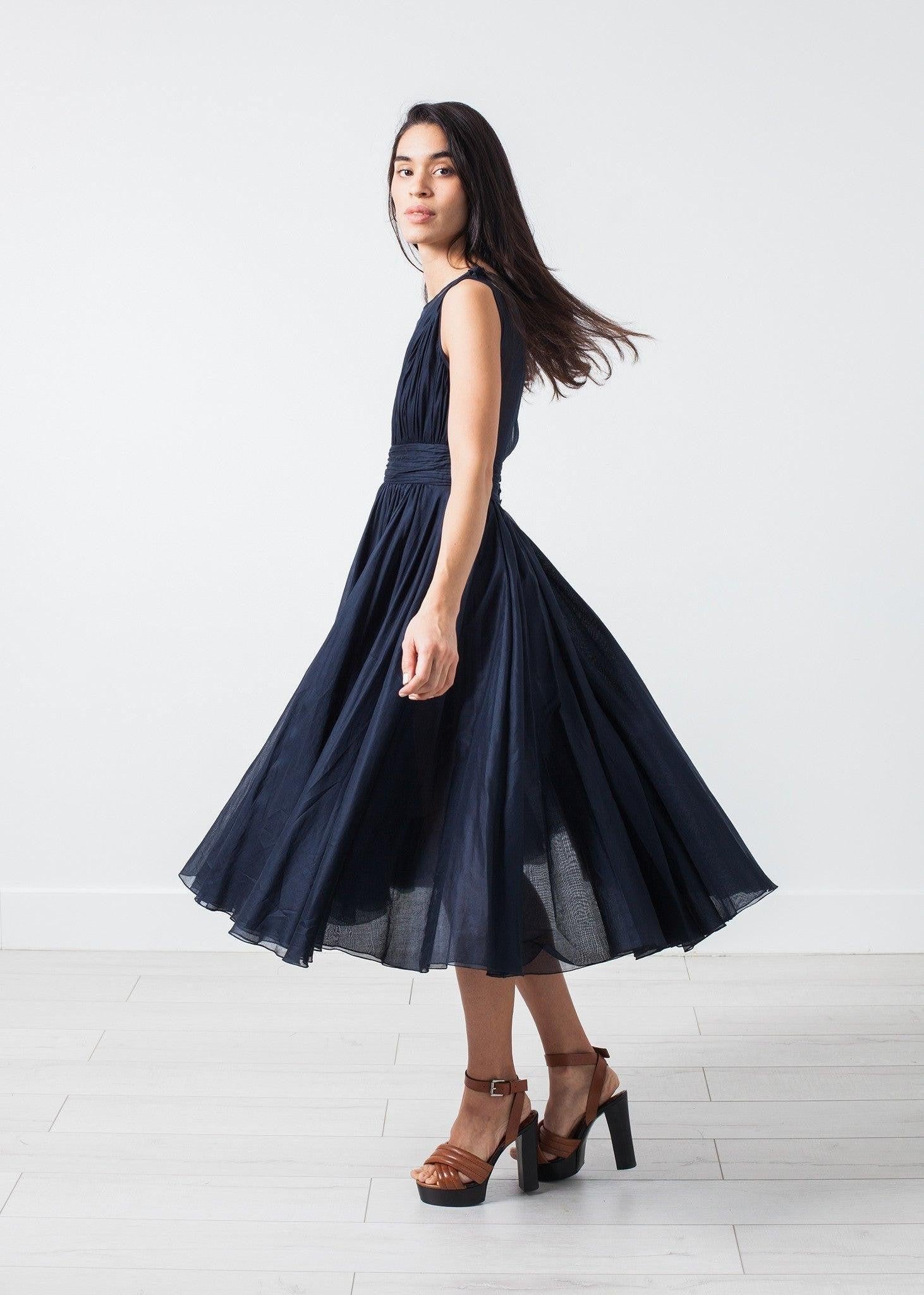 Voile V-Neck Dress in Navy.