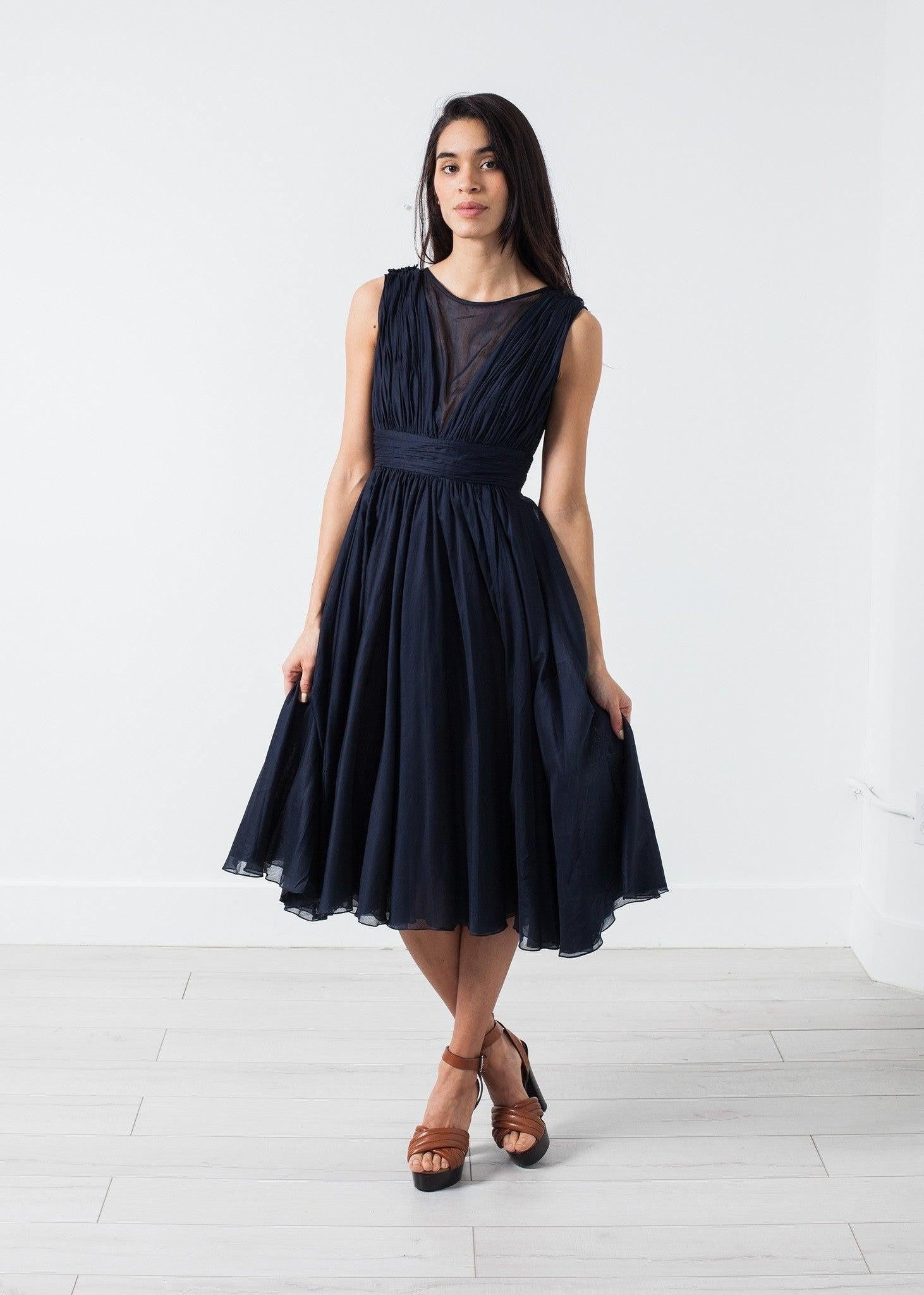 Voile V-Neck Dress in Navy.