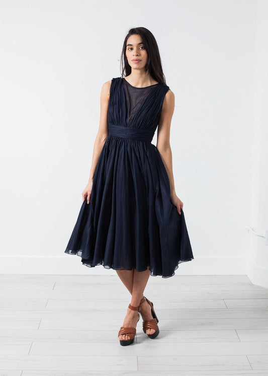 Voile V-Neck Dress in Navy.