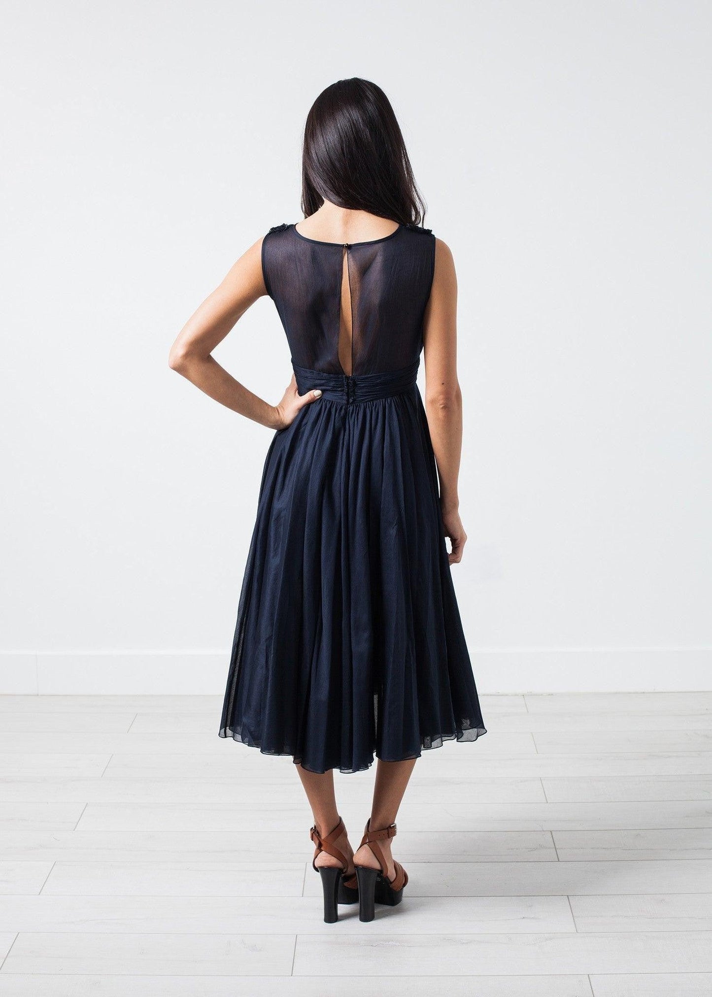 Voile V-Neck Dress in Navy.